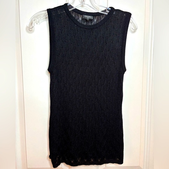 EUC Chanel 23A Black Diamond Pattern Sleeveless Knitted Tank Top Size 40